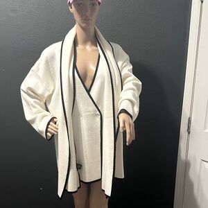 Tahari Ivory Open-Front Cardigan with Black Trim
